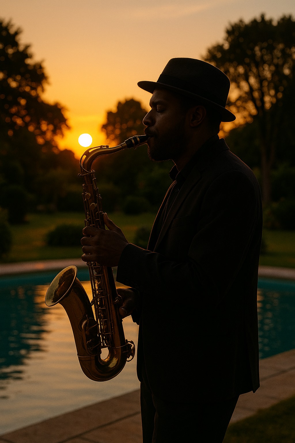 Jazzista che suona il sax al tramonto nel giardino accanto alla piscina della Favorita