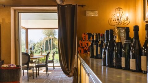 Interno Osteria Favorita con bottiglie di Champagne e vista sul giardino